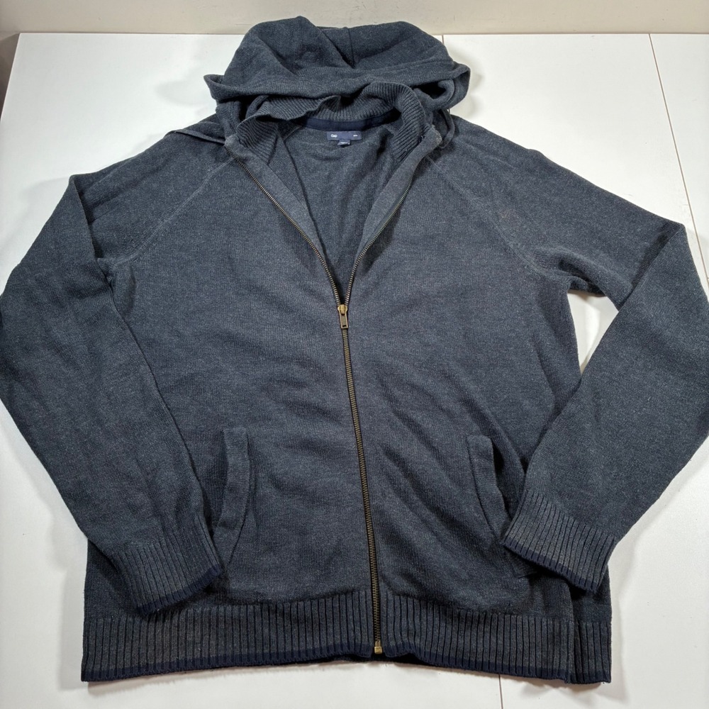 Gap Wool Blend Knit Sweater Manor Hoodie Medium Heather Blue Full Zip